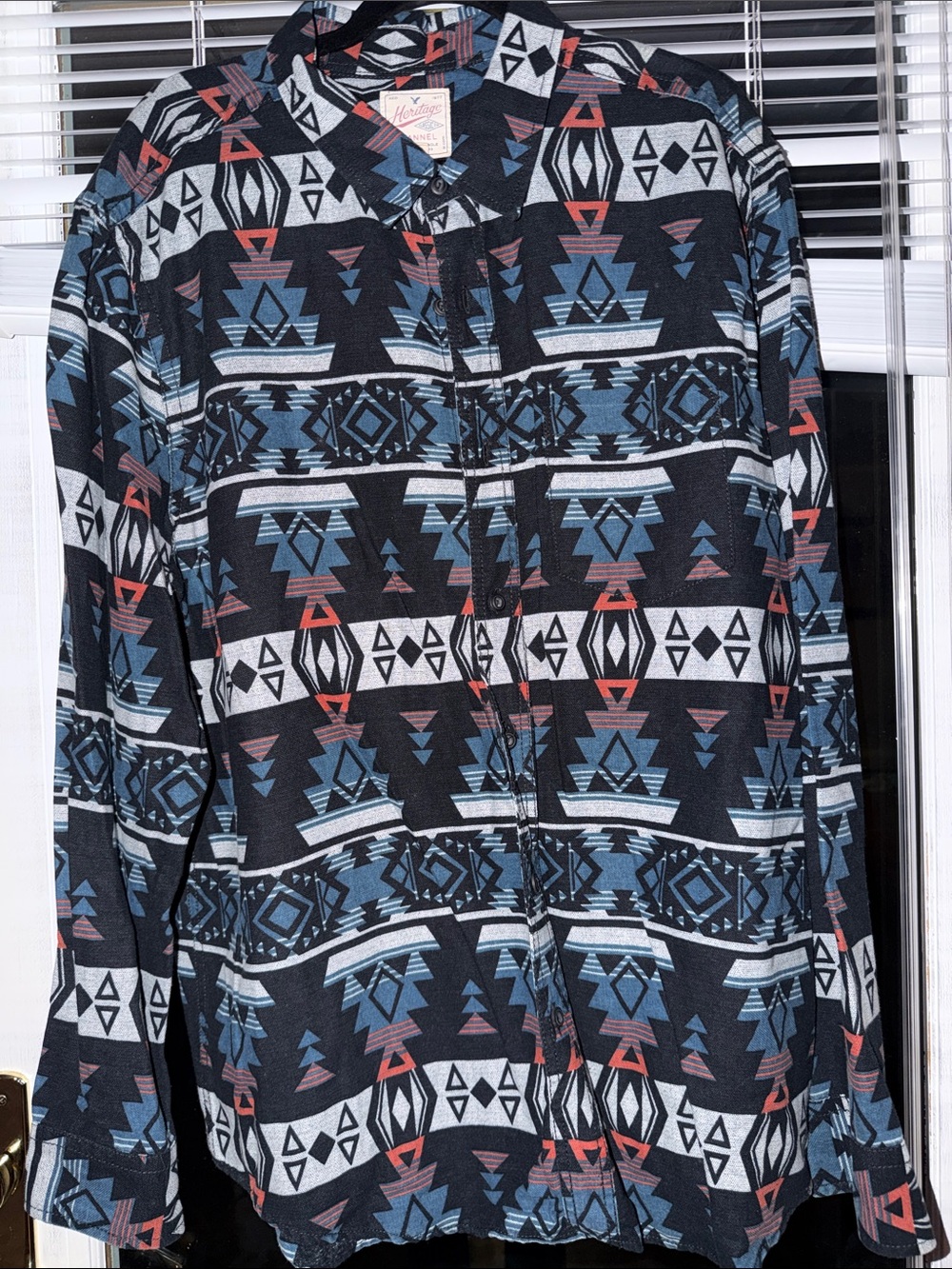 American Eagle Outfitters Black Aztec Button-Down Shirt with Blue & Red Accents